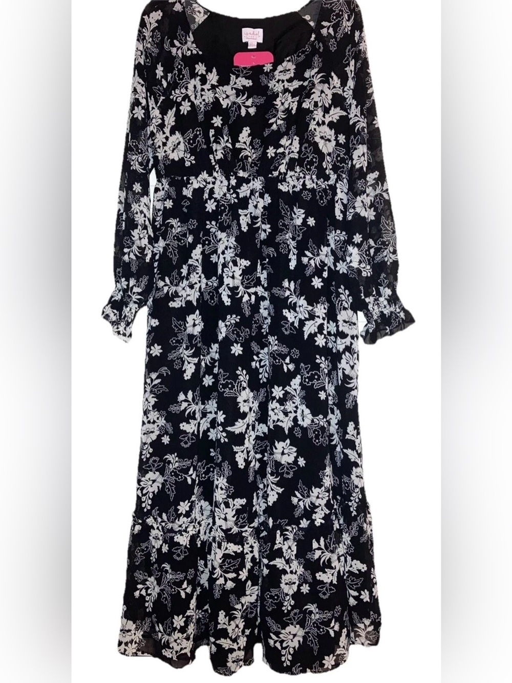 Isabel Maternity Floral Black & White Long Sleeve Chiffon Maxi Dress Loose Fit - Picture 1 of 5